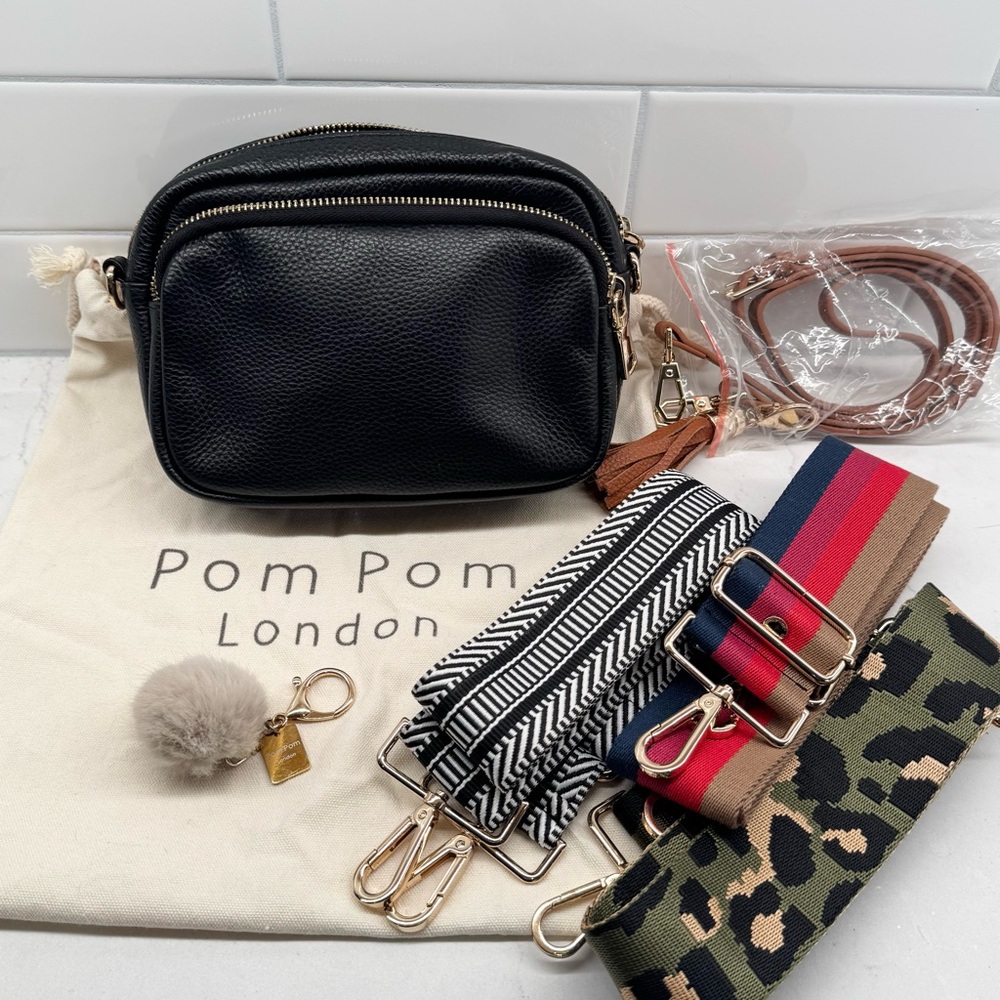 Pom Pom London Black Mayfair Crossbody Bag with Extra Straps & Keyrings